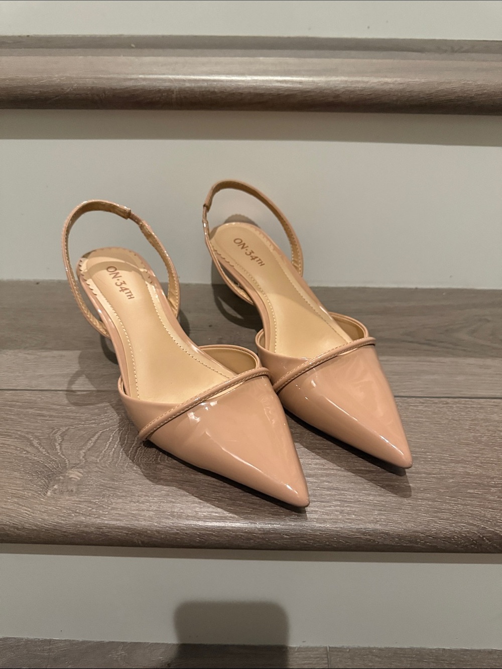 Patent Nude Pointed-Toe Slingback Heels